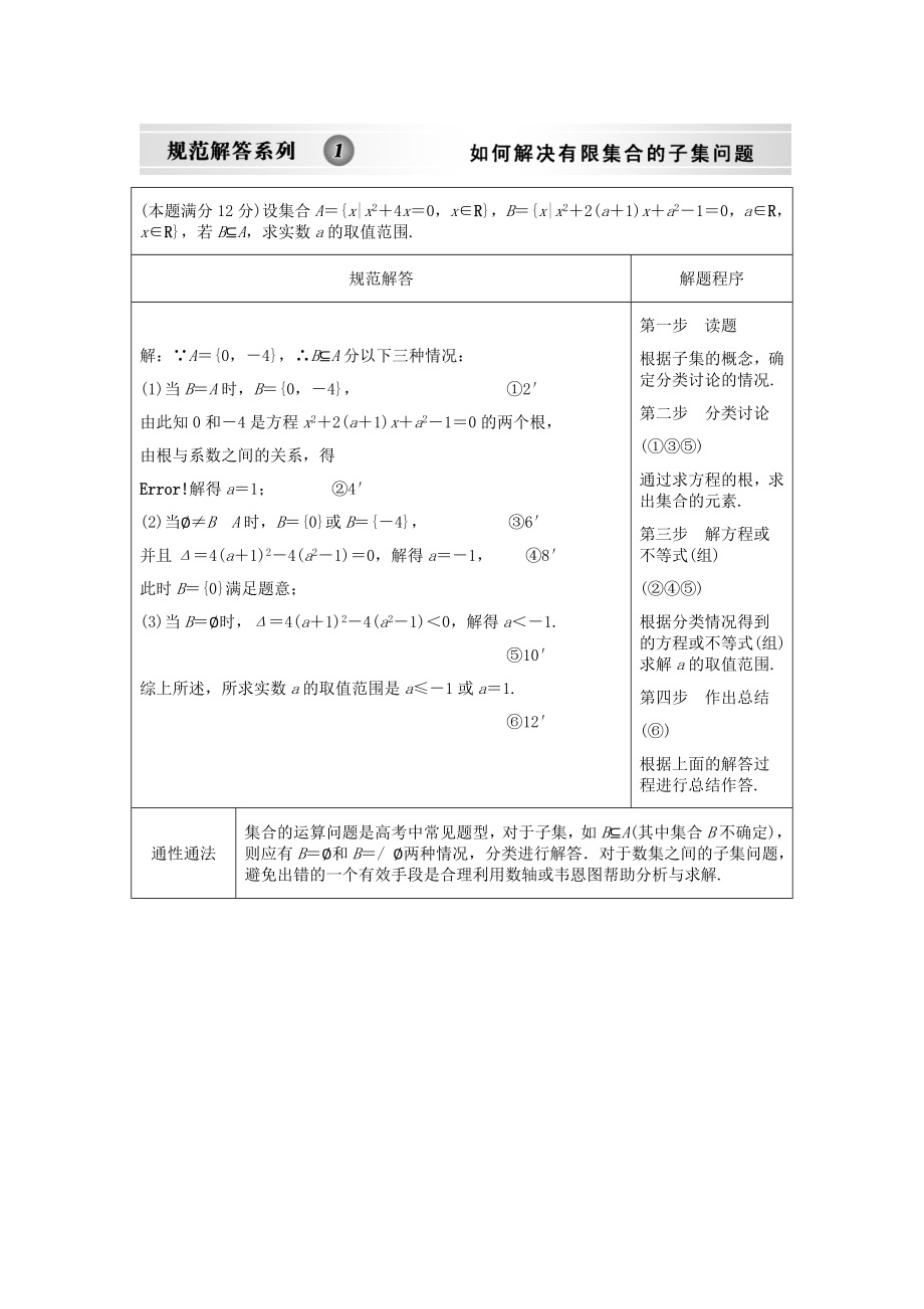 【创新设计】2020版高考数学总复习 第1篇 集合与常用逻辑用语 1-1规范1训练 新人教B版（文）_第1页