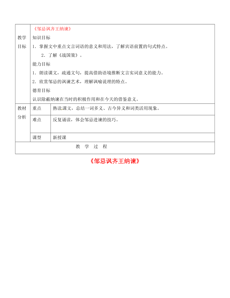 广东省东莞市黄冈理想学校九年级语文下册 第6单元 22《邹忌讽齐王纳谏》教案 新人教版_第1页