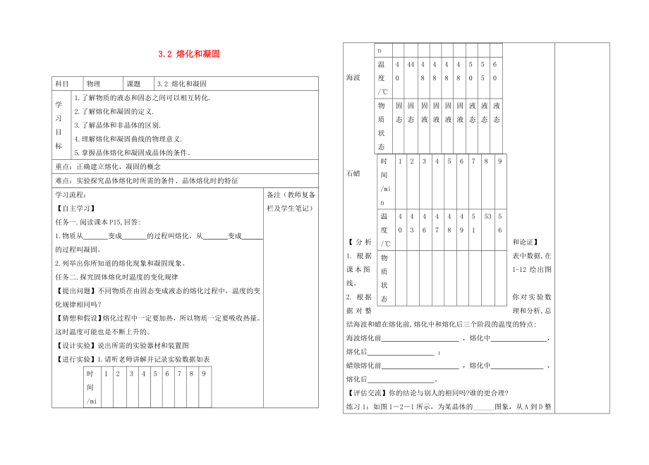 2020年秋八年級(jí)物理上冊(cè) 1.2 熔化和凝固導(dǎo)學(xué)案（無(wú)答案） 北師大版_第1頁(yè)