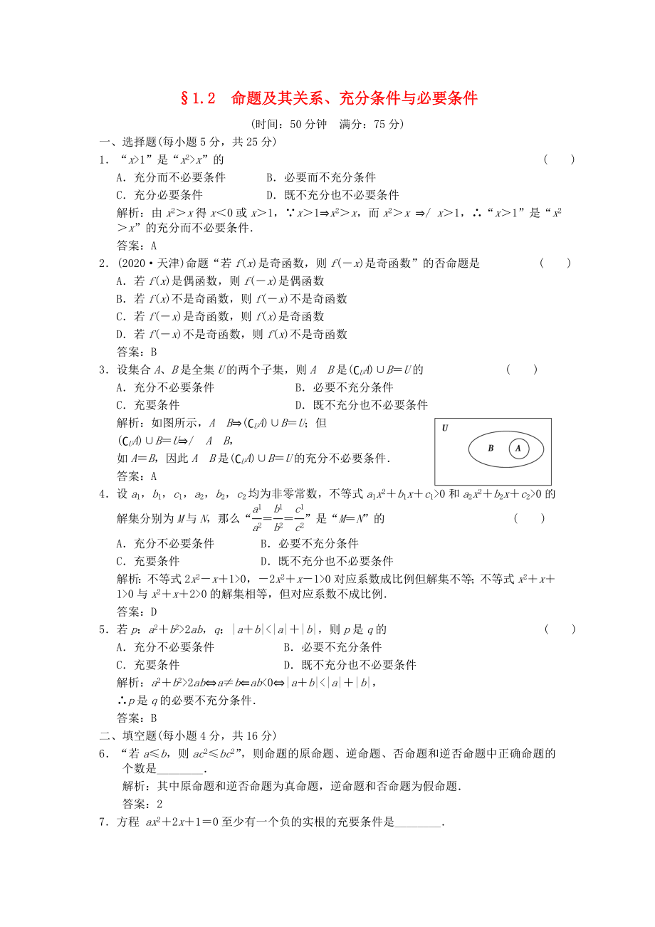 【创新设计】2020版高考数学总复习 第1单元 集合与常用逻辑用语 1.2　命题及其关系、充分条件与必要条件训练 新人教B版（理）_第1页