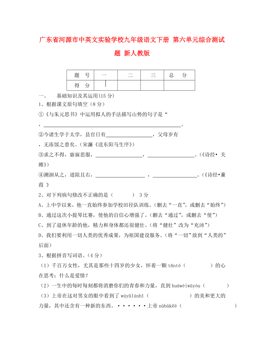 廣東省河源市中英文實驗學(xué)校九年級語文下冊 第六單元綜合測試題 新人教版_第1頁