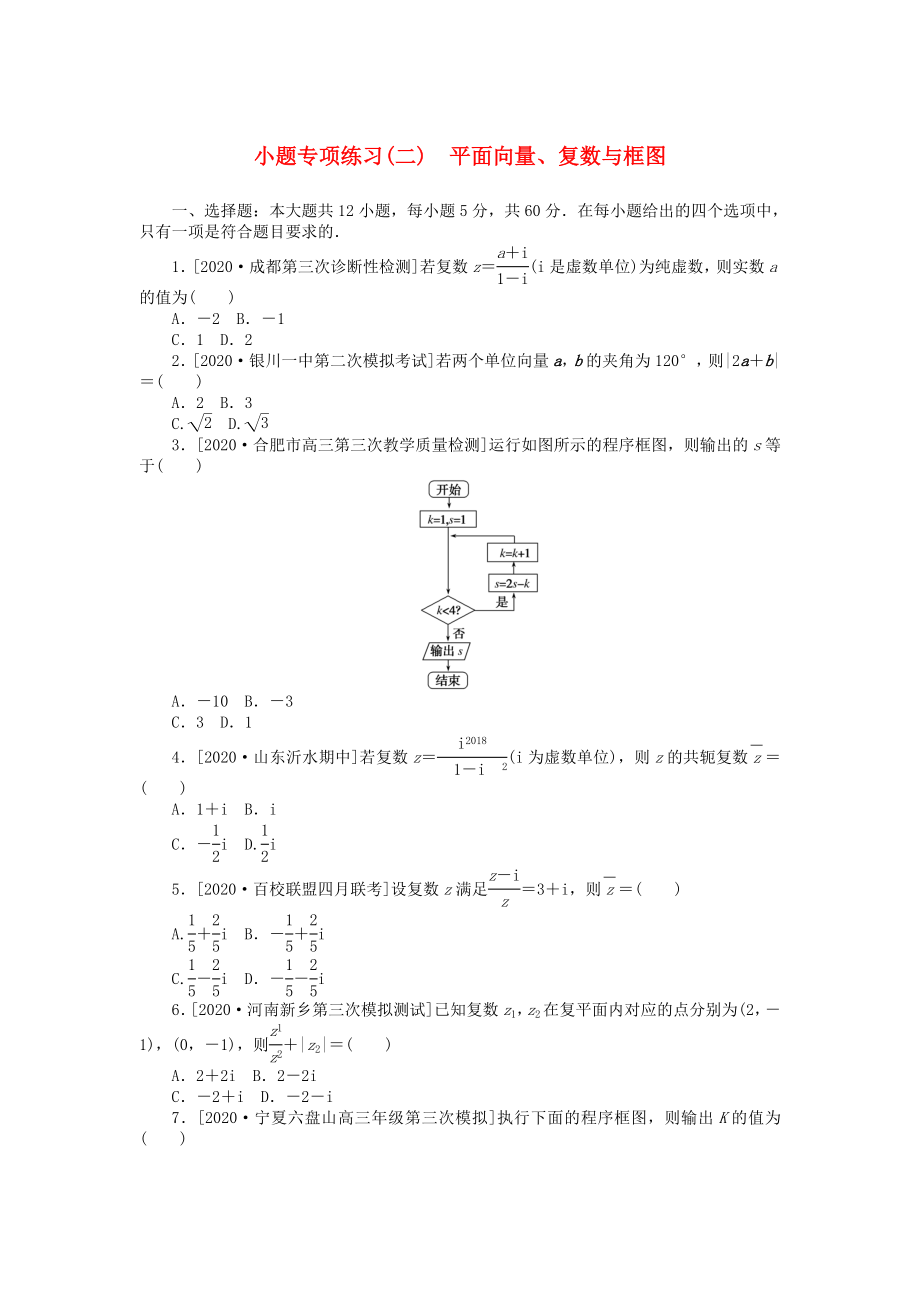 2020高考數(shù)學(xué)二輪復(fù)習(xí) 小題專項練習(xí)（二）平面向量、復(fù)數(shù)與框圖（無答案）理_第1頁