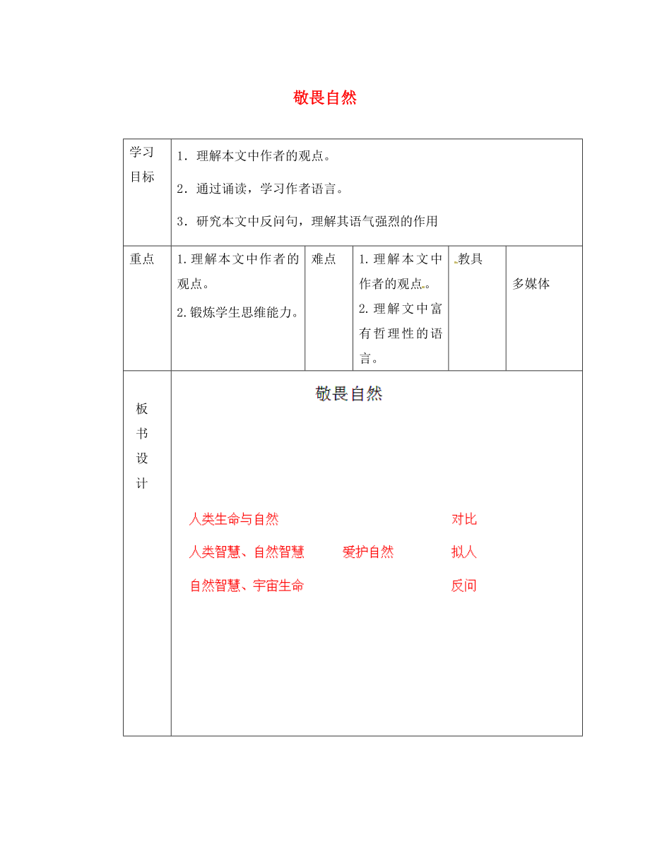 山東省臨沂市蒙陰縣第四中學(xué)八年級(jí)語(yǔ)文下冊(cè) 11《敬畏自然》導(dǎo)學(xué)案（無(wú)答案） 新人教版_第1頁(yè)