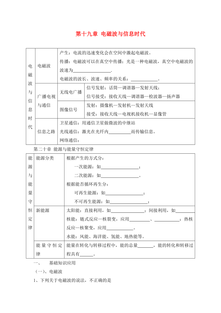 中考物理復(fù)習(xí) 電磁波與信息時(shí)代 能源與能量守恒定律（無(wú)答案） 滬粵版（通用）_第1頁(yè)