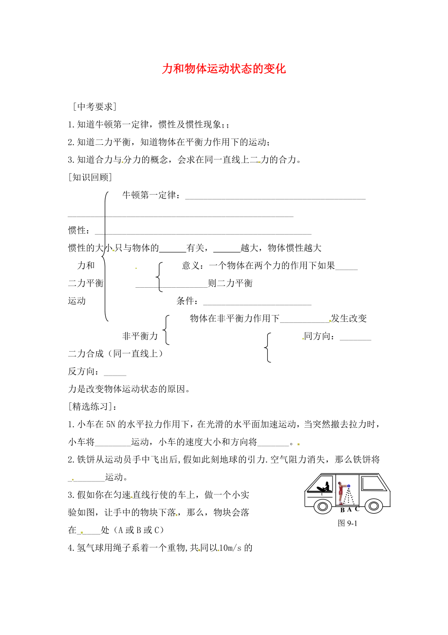 內(nèi)蒙古準(zhǔn)格爾旗第十中學(xué)2020屆中考物理一輪專題復(fù)習(xí) 16 力和物體運(yùn)動(dòng)狀態(tài)的變化學(xué)案（無答案）_第1頁(yè)