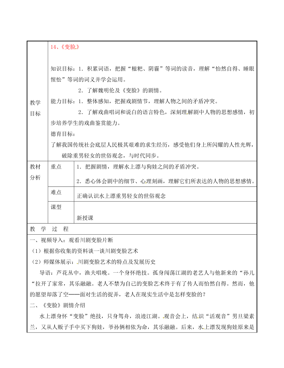 广东省东莞市黄冈理想学校九年级语文下册 第4单元 14《变脸》教案 新人教版_第1页