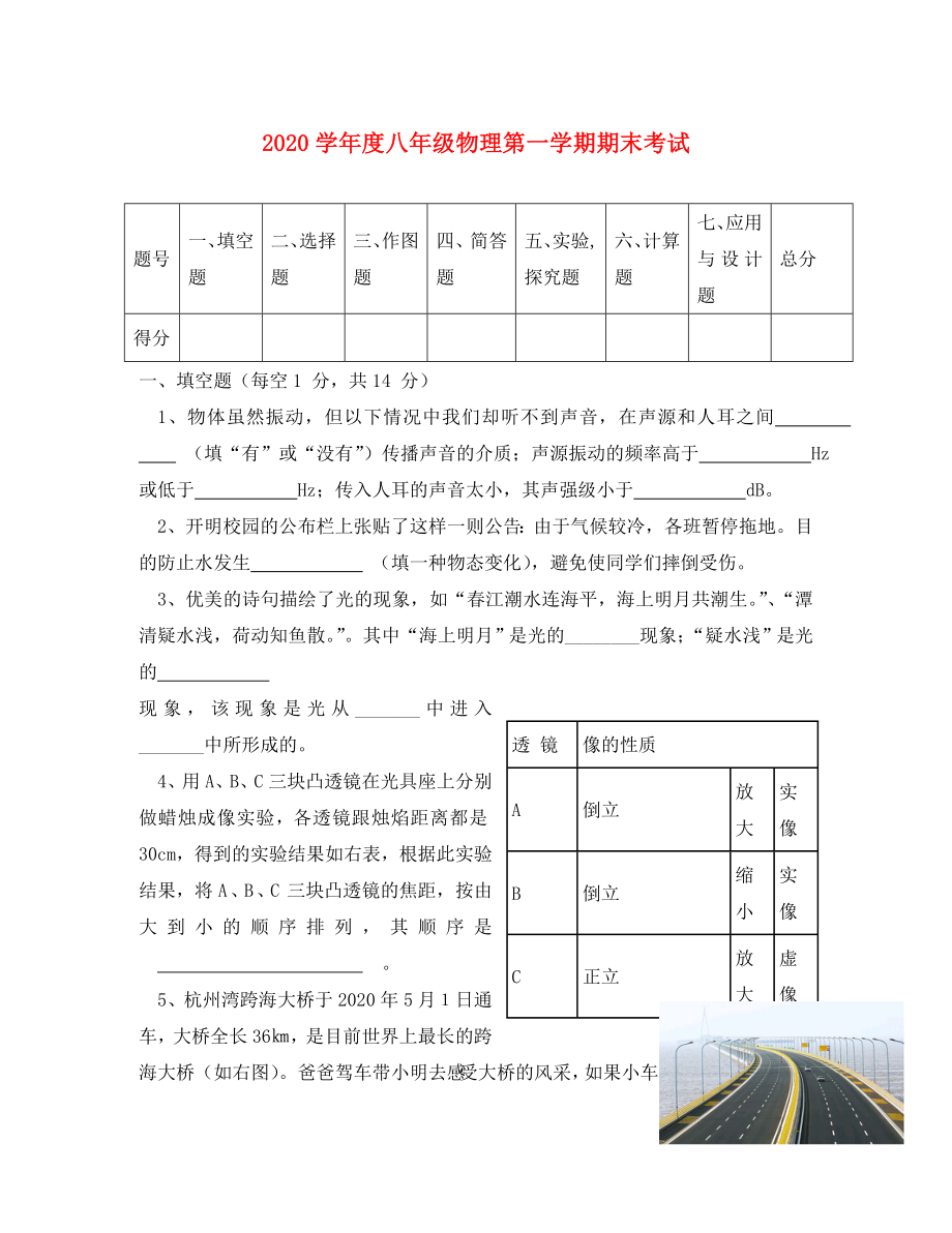 2020学年度八年级物理第一学期期末考试 人教新课标_第1页