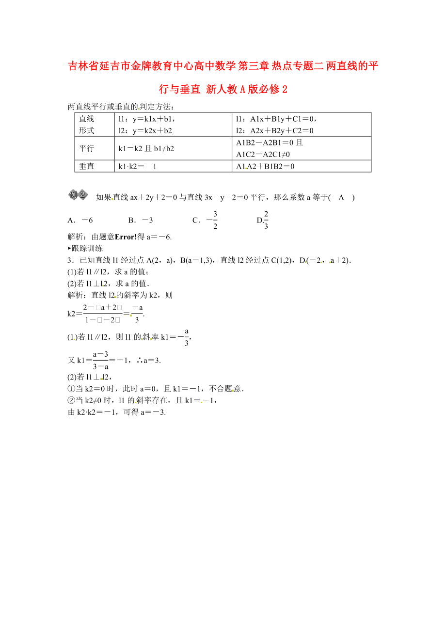 吉林省延吉市金牌教育中心高中数学 第三章 热点专题二 两直线的平行与垂直 新人教A版必修2_第1页