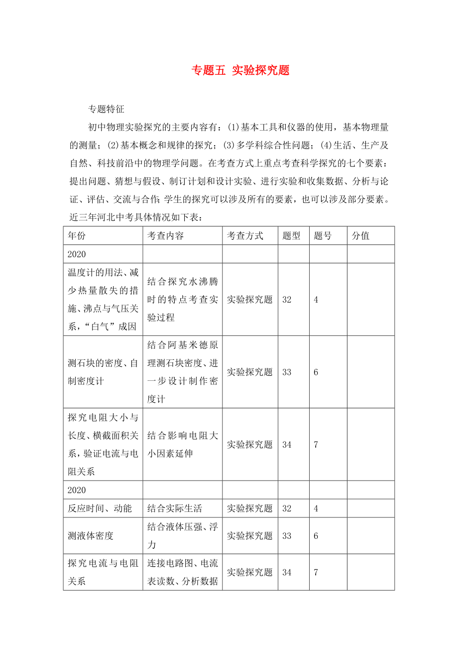 【中考命題研究】河北省2020中考物理 重點(diǎn)題型突破 專題5 實(shí)驗(yàn)探究題（無答案）_第1頁