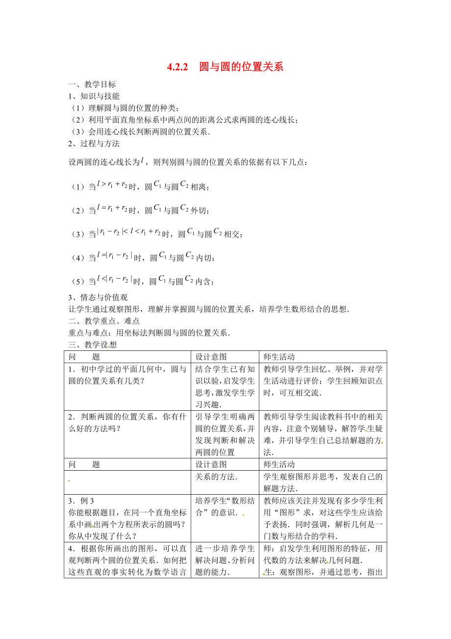 山東省招遠市第二中學(xué)高中數(shù)學(xué) 4.2.2圓與圓的位置關(guān)系教案 新人教版必修2_第1頁