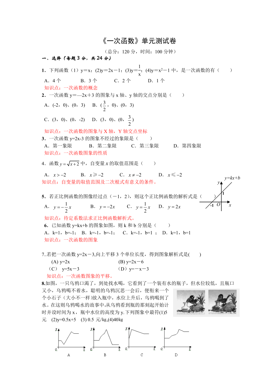 人教八年级《一次函数》单元测试--张娜_第1页