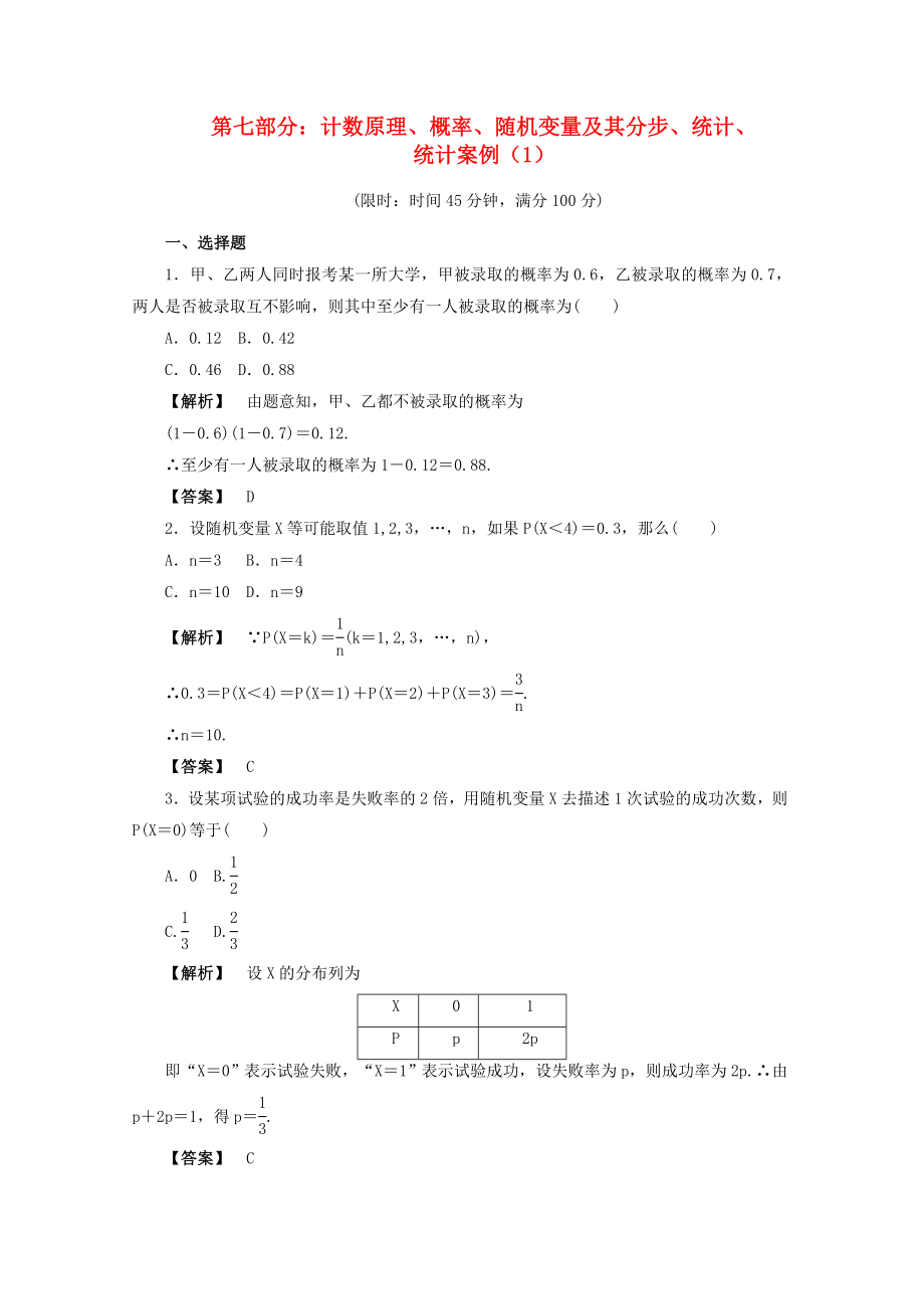 2020年高考数学二轮限时训练 计数原理、概率、随机变量及其分步、统计、统计案例1 理_第1页