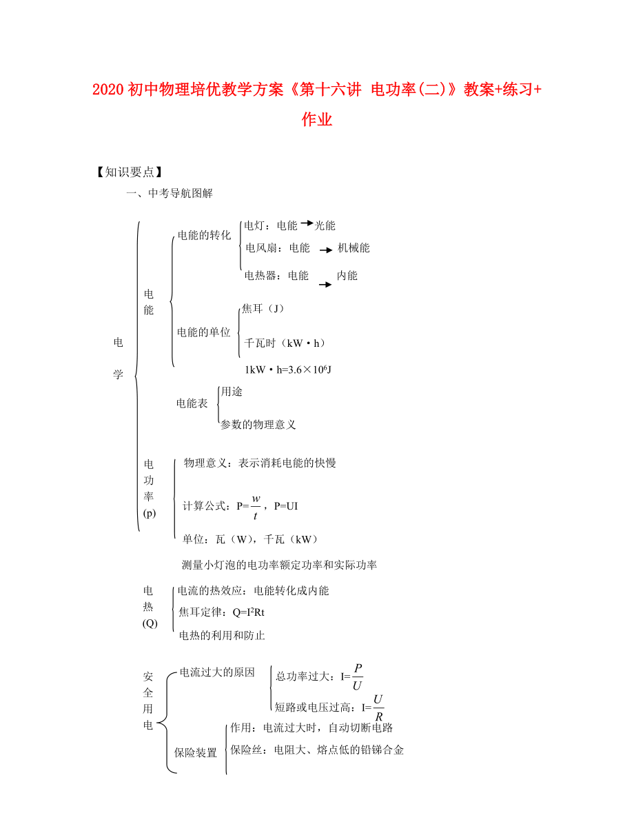 2020年初中物理 培优教学方案 第十六讲《电功率(二)》教案+练习+作业（无答案）_第1页