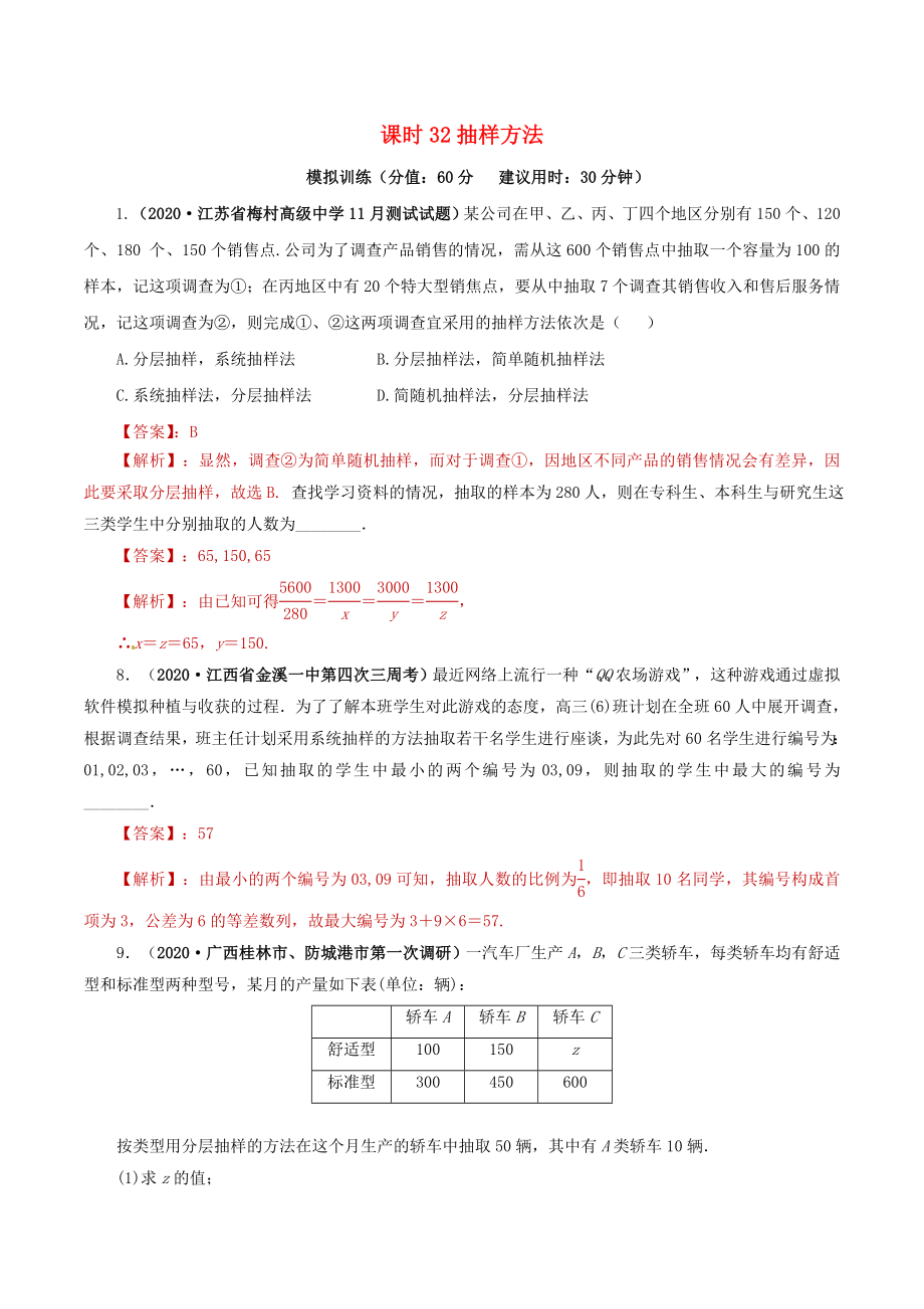 2020年高考數(shù)學(xué) 課時32 抽樣方法單元滾動精準(zhǔn)測試卷 文_第1頁