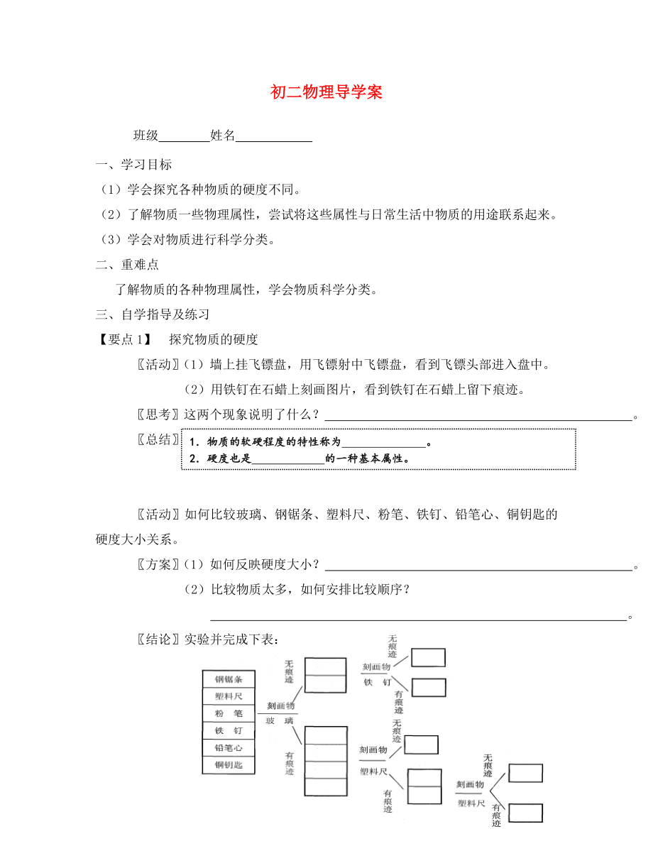 八年級物理下冊 物質(zhì)的物理屬性學(xué)案（無答案） 蘇科版_第1頁