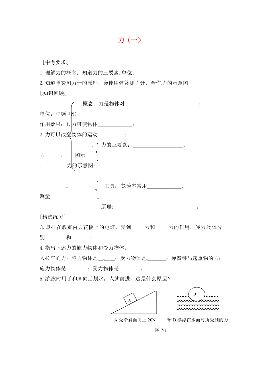 內(nèi)蒙古準格爾旗第十中學(xué)2020屆中考物理一輪專題復(fù)習(xí) 12 力（一）學(xué)案（無答案）_第1頁