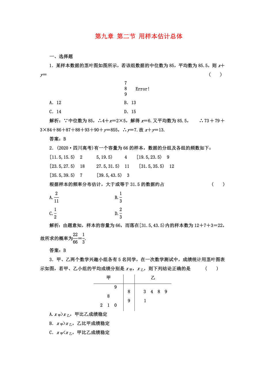 【成功方案】2020屆高考數(shù)學(xué)一輪復(fù)習(xí)課時(shí)檢測(cè) 第九章 第二節(jié) 用樣本估計(jì)總體 理_第1頁