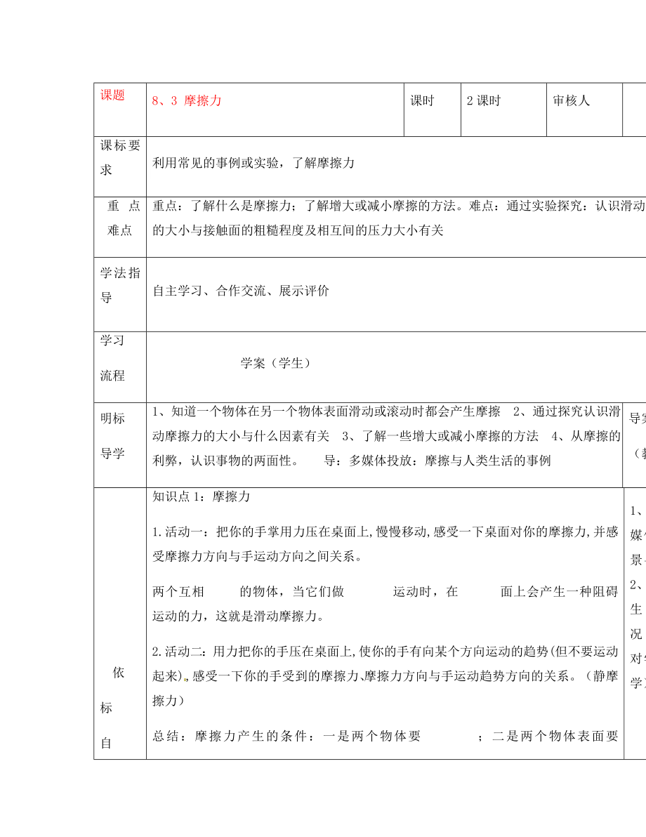 安徽省阜阳市太和县胡总中心学校八年级物理下册 8.3 摩擦力导学案（无答案）（新版）新人教版_第1页