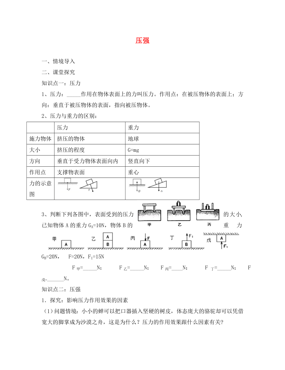 2020八年級(jí)物理下冊(cè) 9.1 壓強(qiáng)練習(xí)（無答案）（新版）新人教版_第1頁(yè)