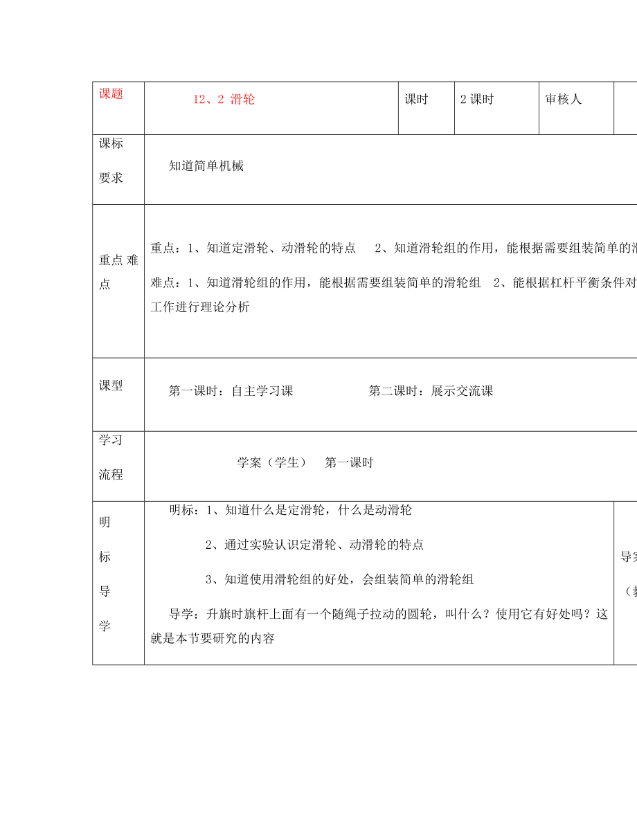 安徽省阜阳市太和县胡总中心学校八年级物理下册 12.2 滑轮导学案（无答案）（新版）新人教版_第1页