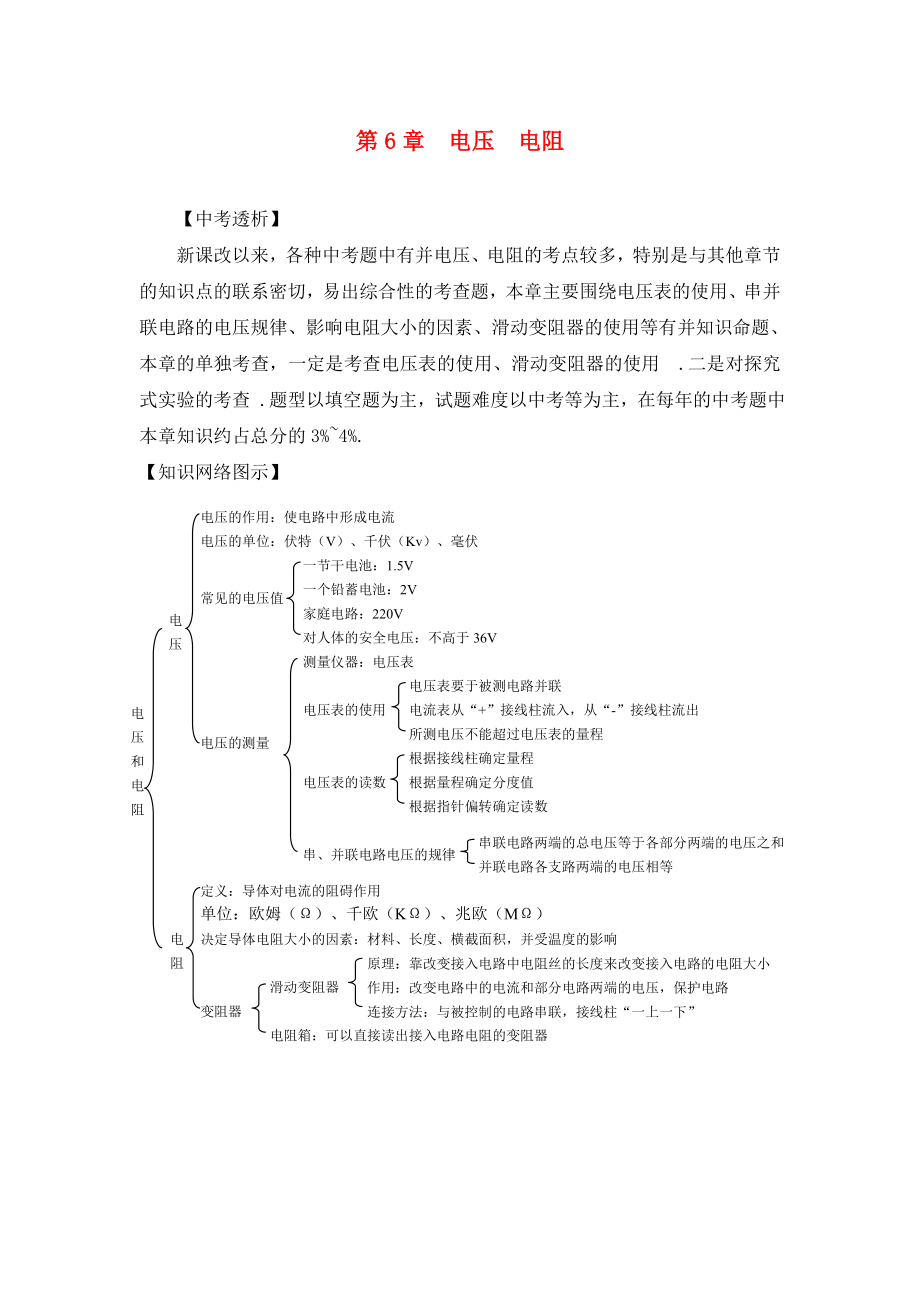 2020中考物理總復(fù)習 第六章 電壓電阻教案 人教新課標版_第1頁