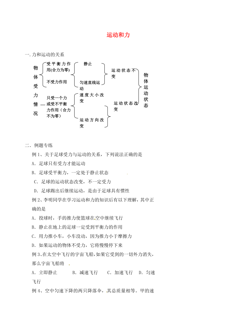 北京市第四中学2020年中考物理冲刺复习 力与运动 专题5 运动和力训练（无答案）_第1页