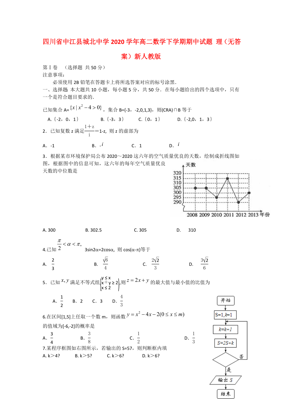 四川省中江縣城北中學2020學年高二數學下學期期中試題 理（無答案）新人教A版_第1頁