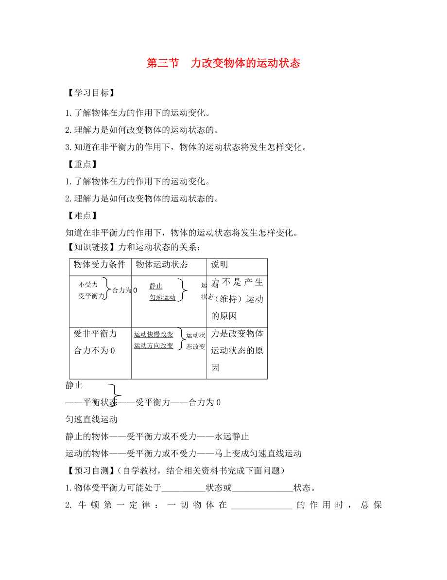 2020八年級物理下冊 第八章 第三節(jié) 力改變物體的運(yùn)動狀態(tài)導(dǎo)學(xué)案（無答案）（新版）教科版_第1頁