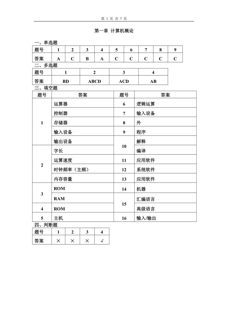 《大學(xué)計算機基礎(chǔ)教程》習(xí)題答案_第1頁