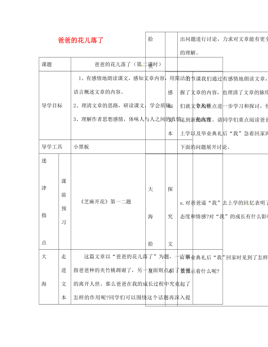 江西省吉安縣鳳凰中學(xué)七年級(jí)語文下冊(cè) 爸爸的花兒落了（第二課時(shí)）導(dǎo)學(xué)案（無答案） 新人教版_第1頁(yè)