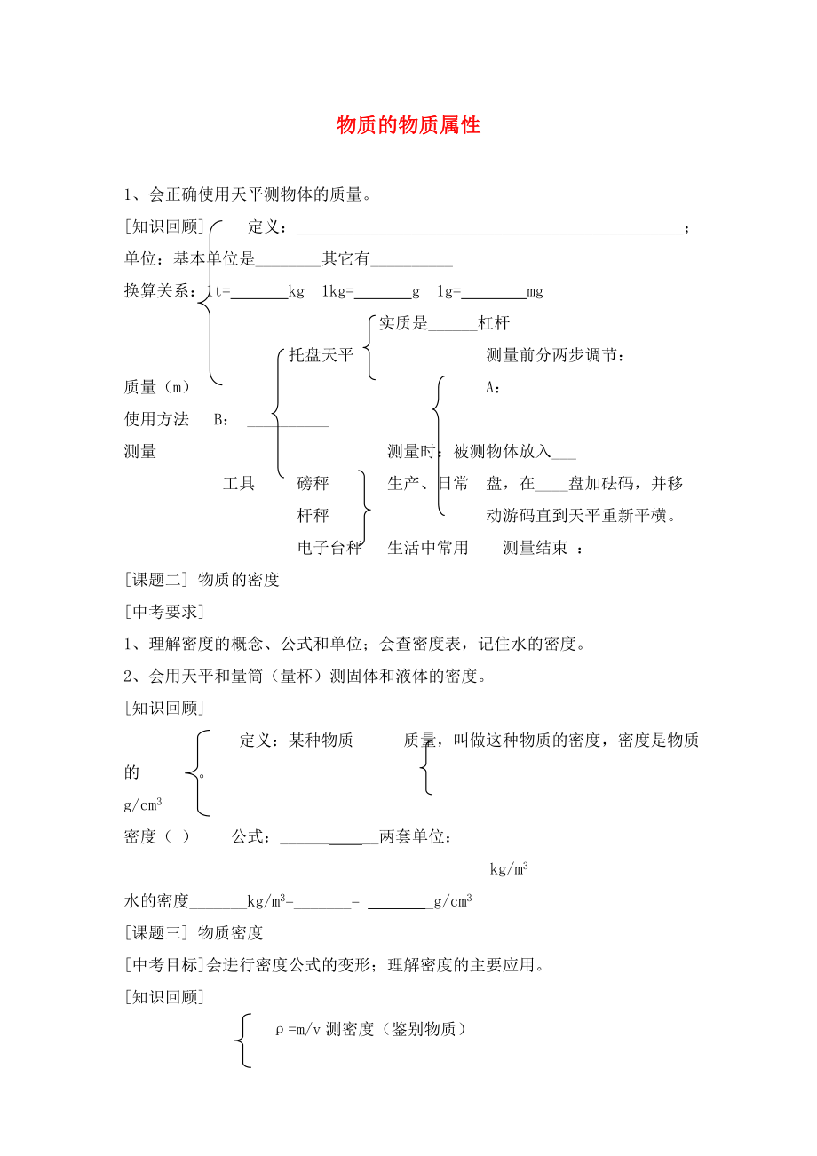 江蘇省大豐市萬盈第二中學中考物理 物質的物質屬性復習學案（無答案）_第1頁