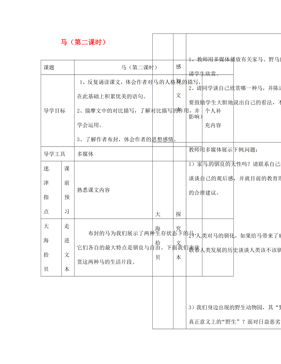 江西省吉安縣鳳凰中學七年級語文下冊 馬（第二課時）導學案（無答案） 新人教版_第1頁