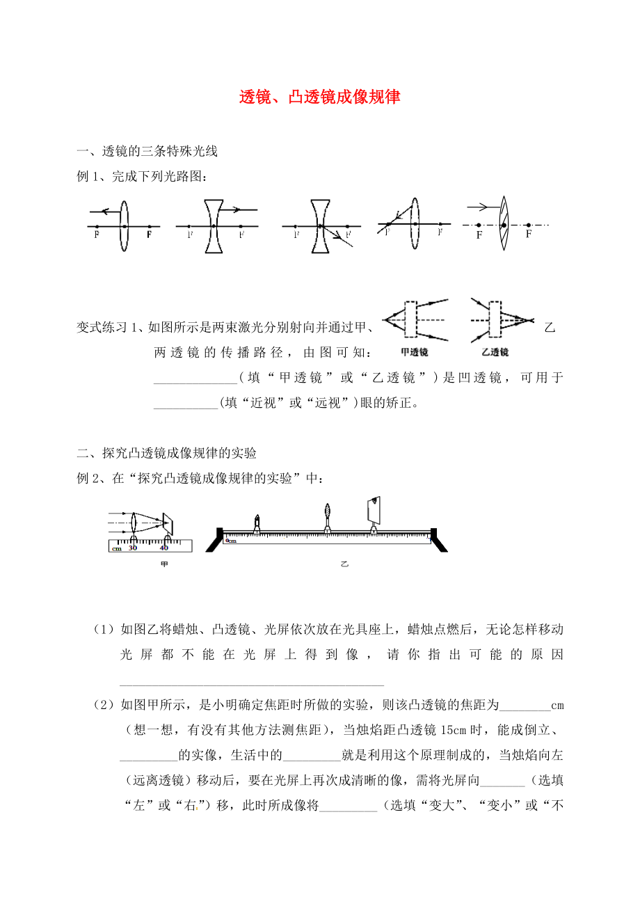 江蘇省太倉市2020屆中考物理復(fù)習(xí) 透鏡、凸透鏡成像規(guī)律2（無答案）_第1頁