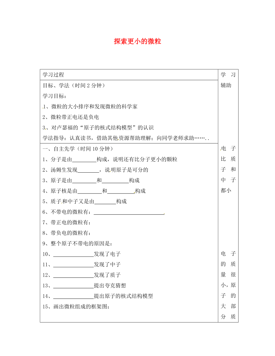 江蘇省徐州市銅山區(qū)八年級物理下冊 7.3探索更小的微粒學(xué)案（無答案）（新版）蘇科版（通用）_第1頁