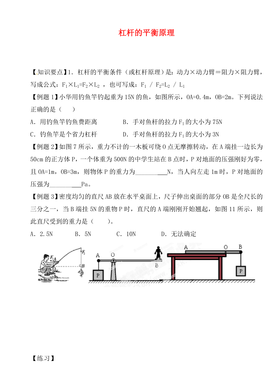 江蘇省大豐市萬盈二中2020屆中考物理總復(fù)習(xí) 杠桿的平衡原理（無答案）_第1頁