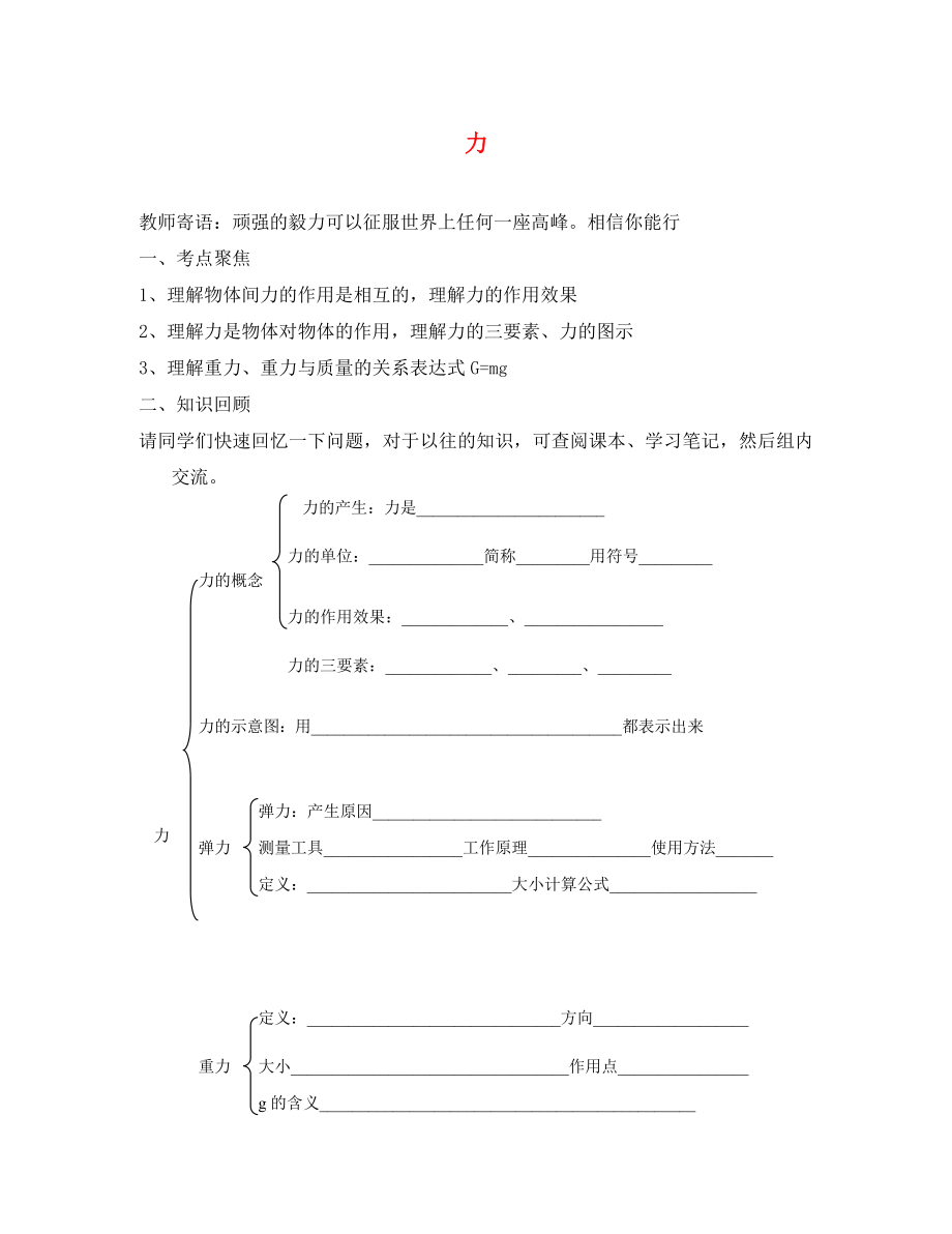 山东省泰安市岱岳区徂徕镇第一中学八年级物理下册 第七章 力导学案（无答案）（新版）新人教版_第1页