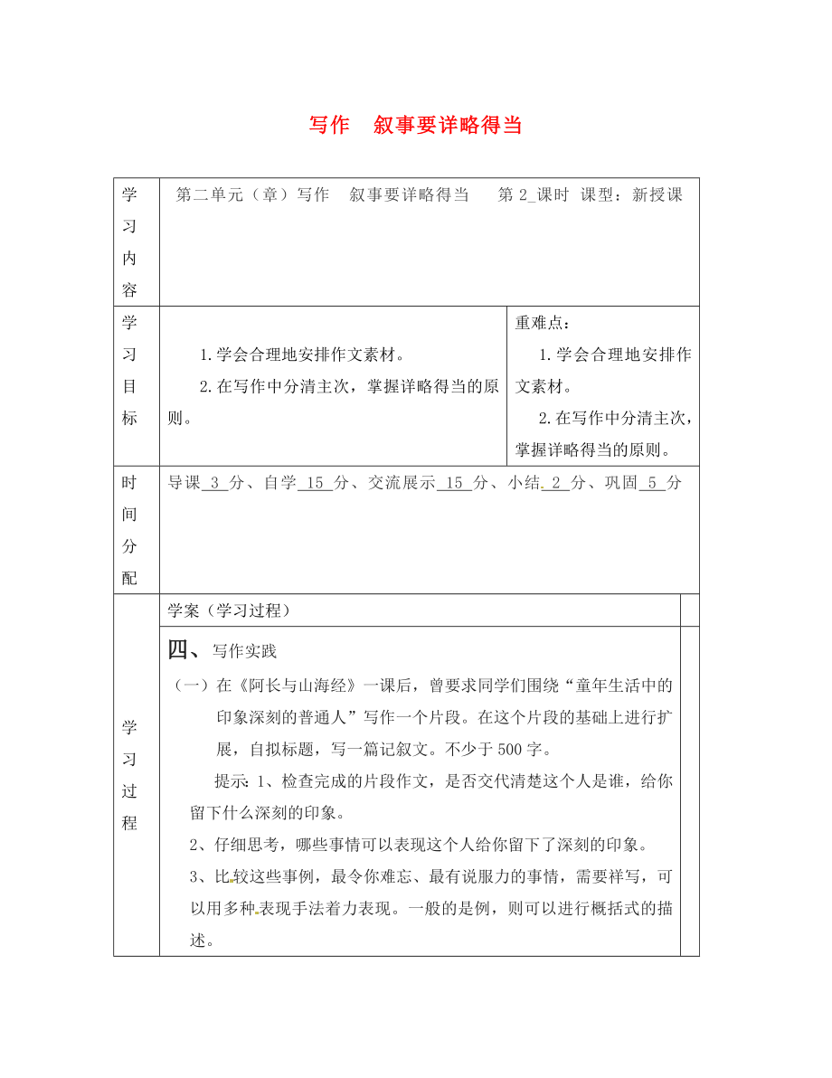 陜西省山陽縣色河中學八年級語文上冊 寫作 敘事要詳略得當（第2課時）學案（無答案）（新版）新人教版_第1頁