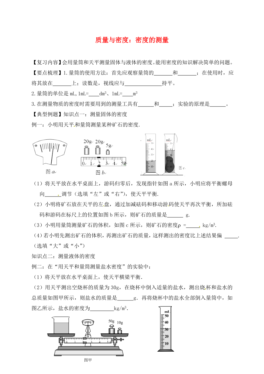 江苏省镇江市丹徒区中考物理复习 质量与密度 密度的测量学案（无答案）（通用）_第1页