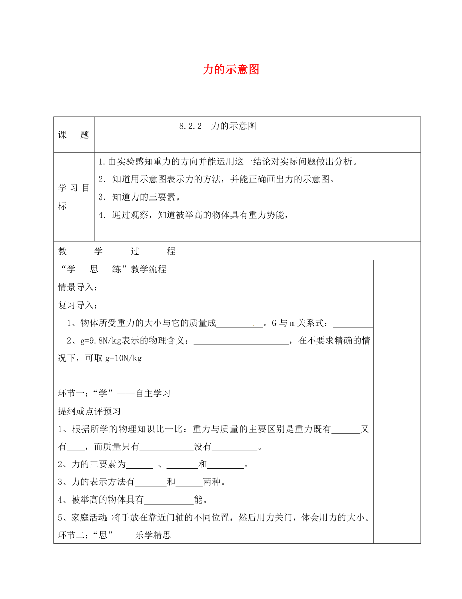 江苏省南京市八年级物理下册 第八章 力 二 重力 力的示意图 力的示意图导学案（无答案）（新版）苏科版（通用）_第1页