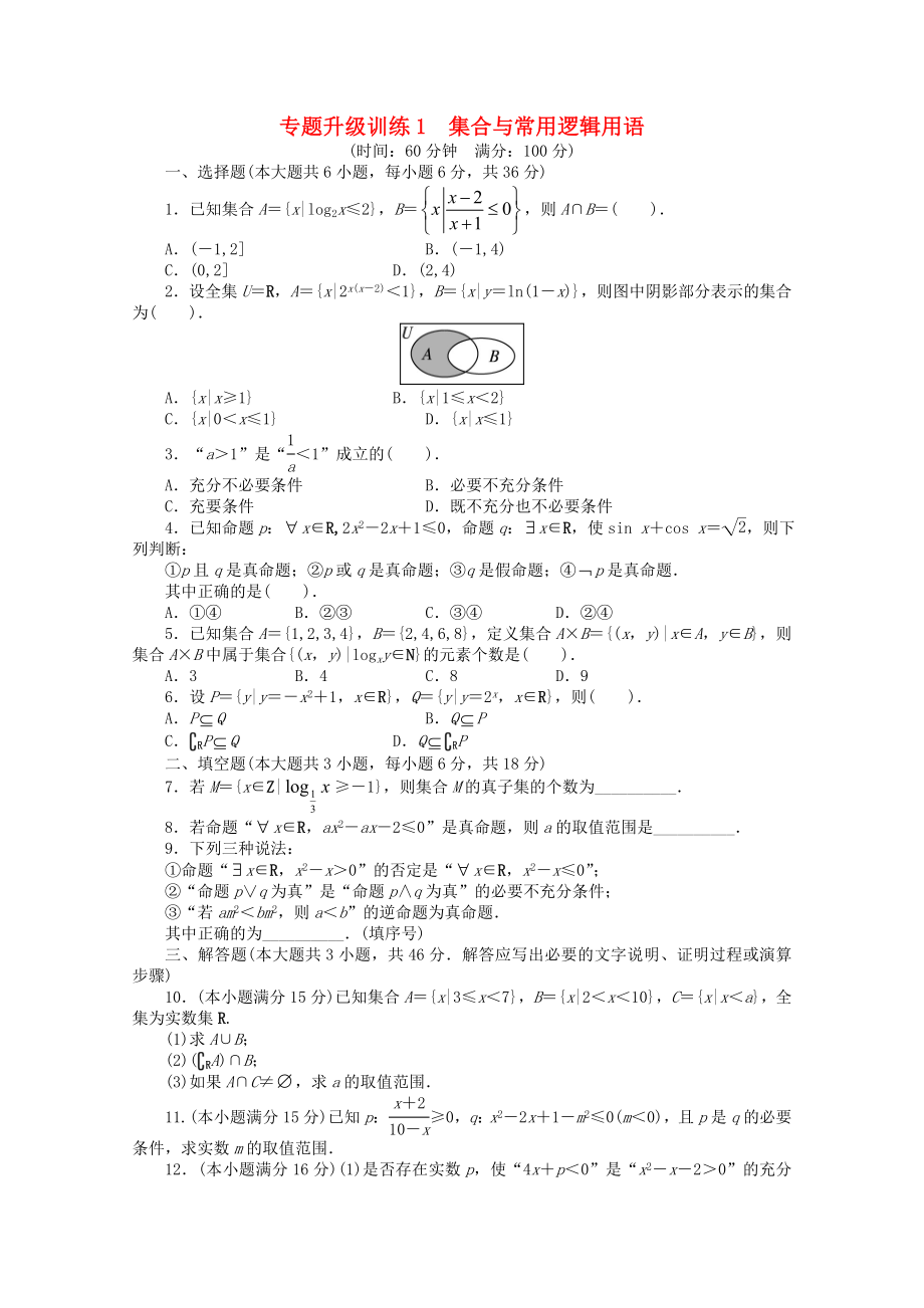 廣東省2020年高考數(shù)學(xué)第二輪復(fù)習(xí) 專題升級訓(xùn)練1 集合與常用邏輯用語 文_第1頁