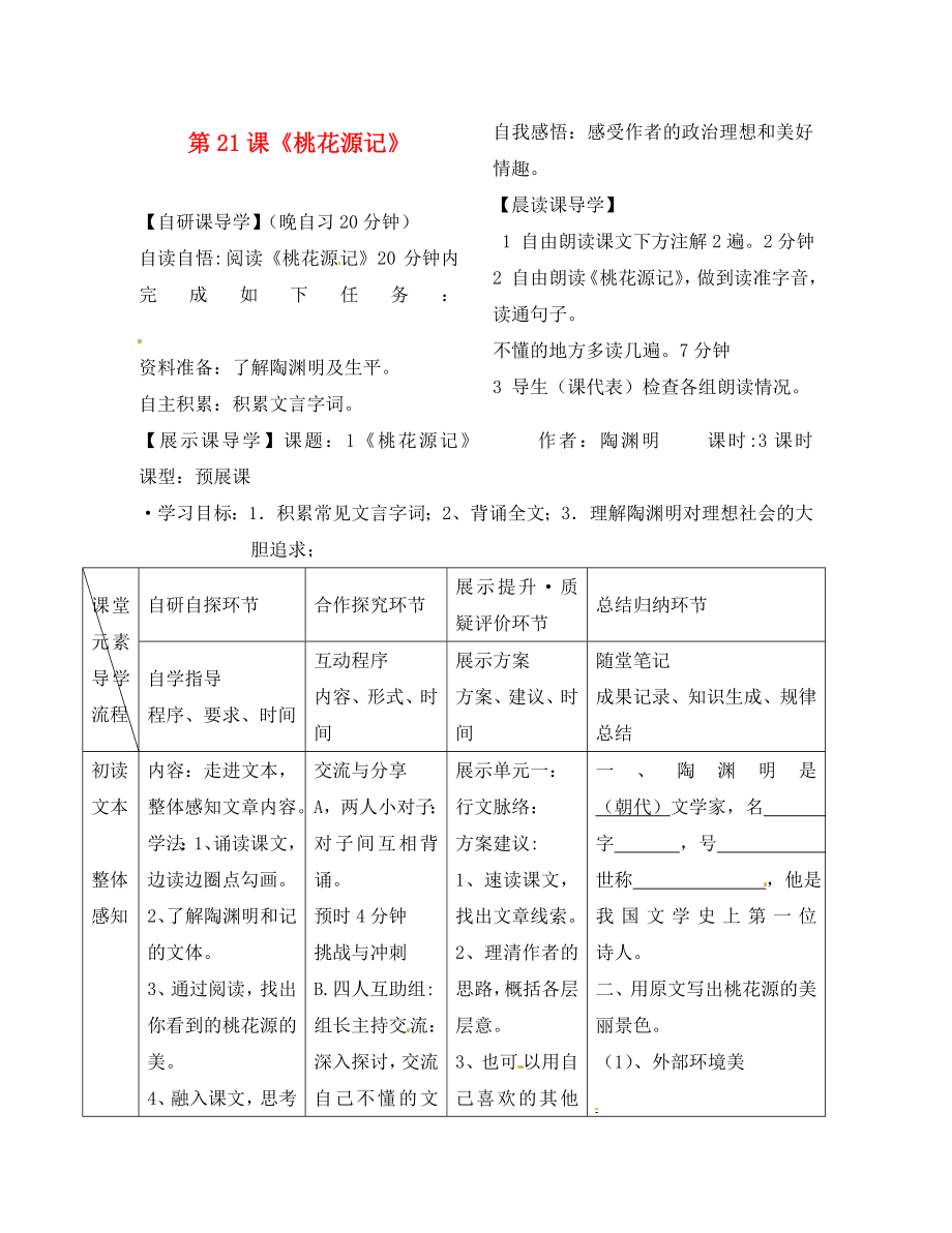 浙江省臺州市天臺縣始豐中學(xué)八年級語文上冊 第21課《桃花源記》導(dǎo)學(xué)案（無答案） 新人教版_第1頁