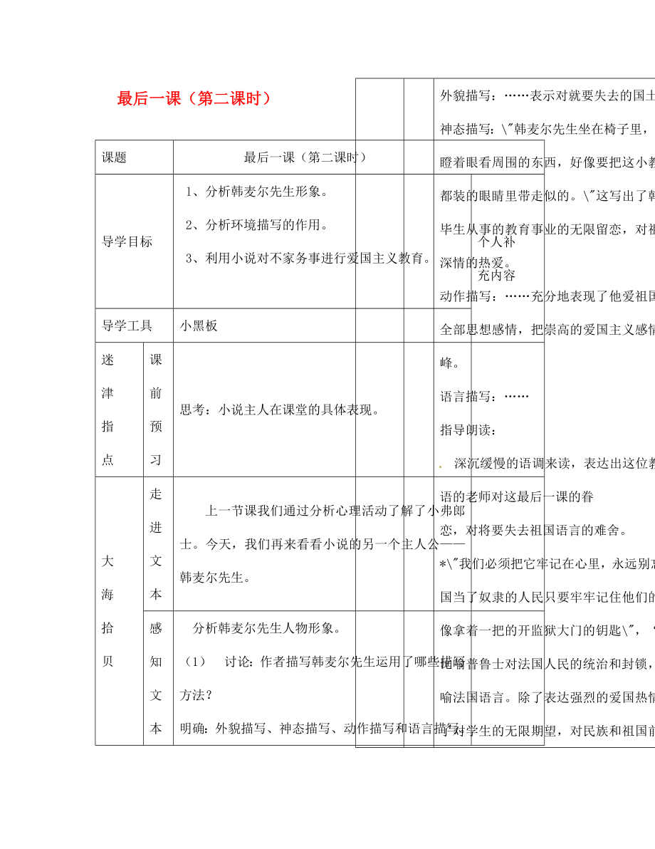 江西省吉安縣鳳凰中學七年級語文下冊 最后一課（第二課時）導學案（無答案） 新人教版_第1頁