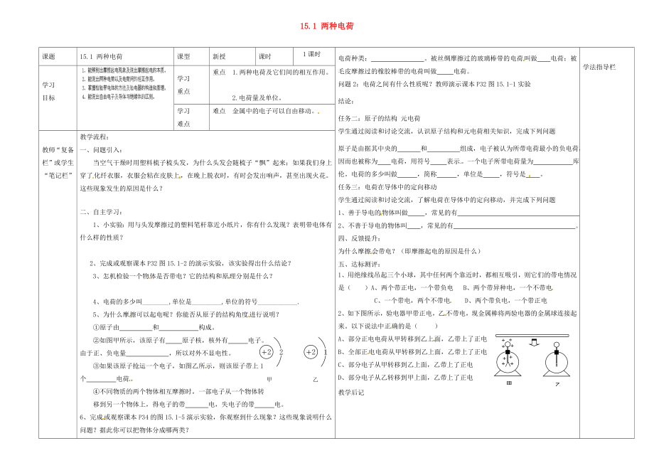 河南省濮陽(yáng)市范縣濮城鎮(zhèn)中學(xué)2020屆九年級(jí)物理全冊(cè) 15.1 兩種電荷導(dǎo)學(xué)案（無(wú)答案）（新版）新人教版_第1頁(yè)