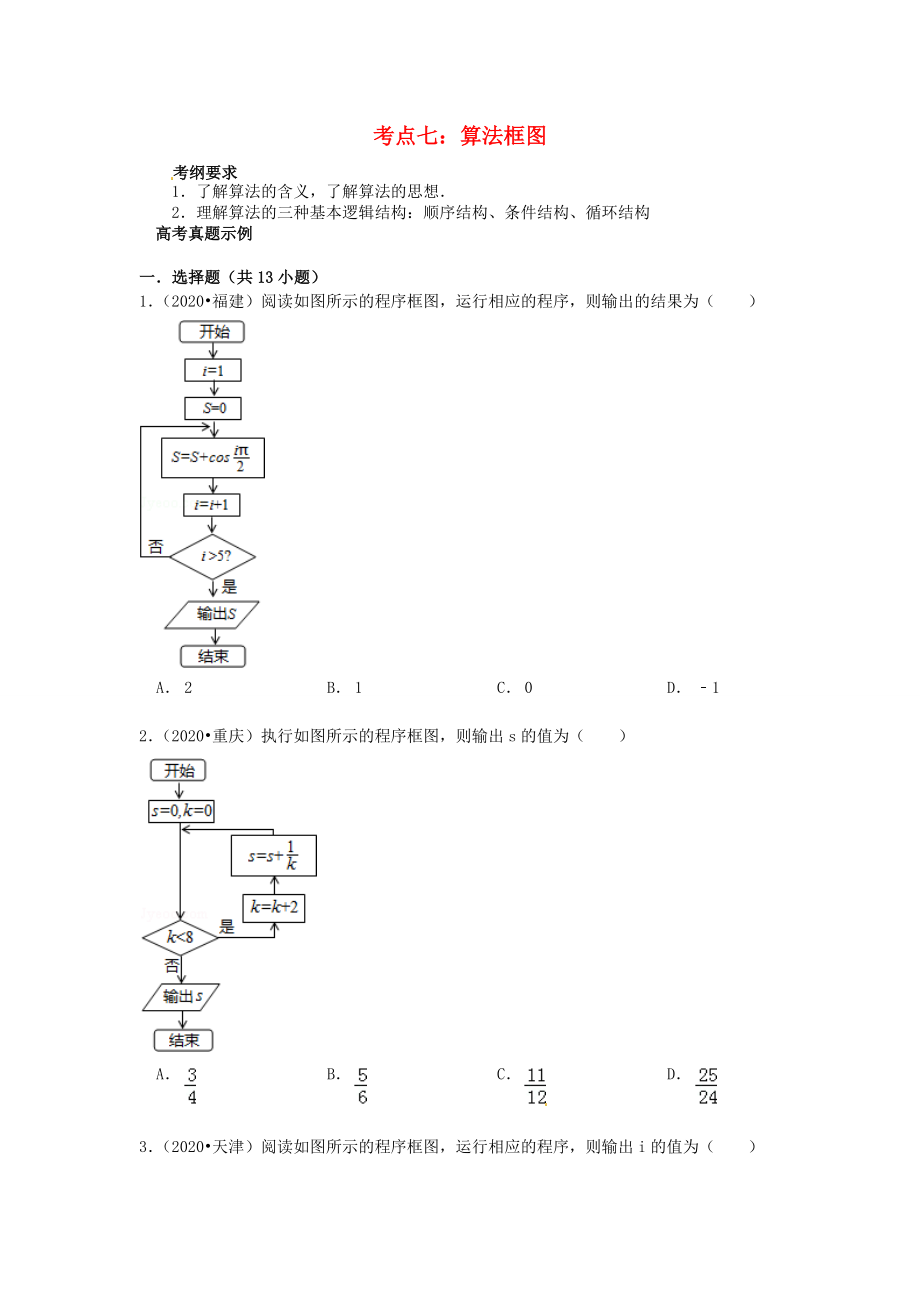 山東省濟(jì)寧市2020屆高三數(shù)學(xué) 考試清單 考點(diǎn)七 算法框圖_第1頁