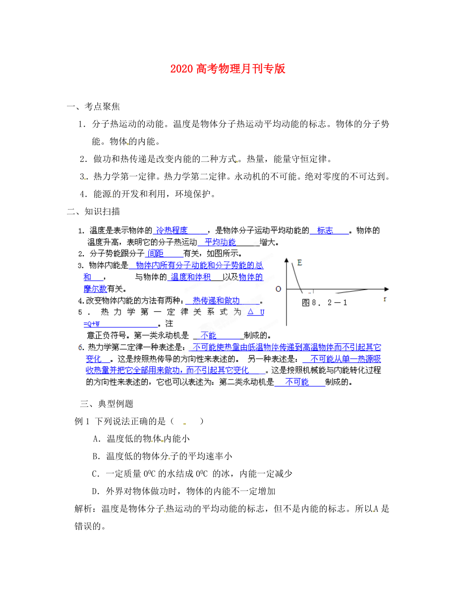 2020高考物理月刊專版 專題12 熱學綜合 內(nèi)能熱和功專題解讀_第1頁