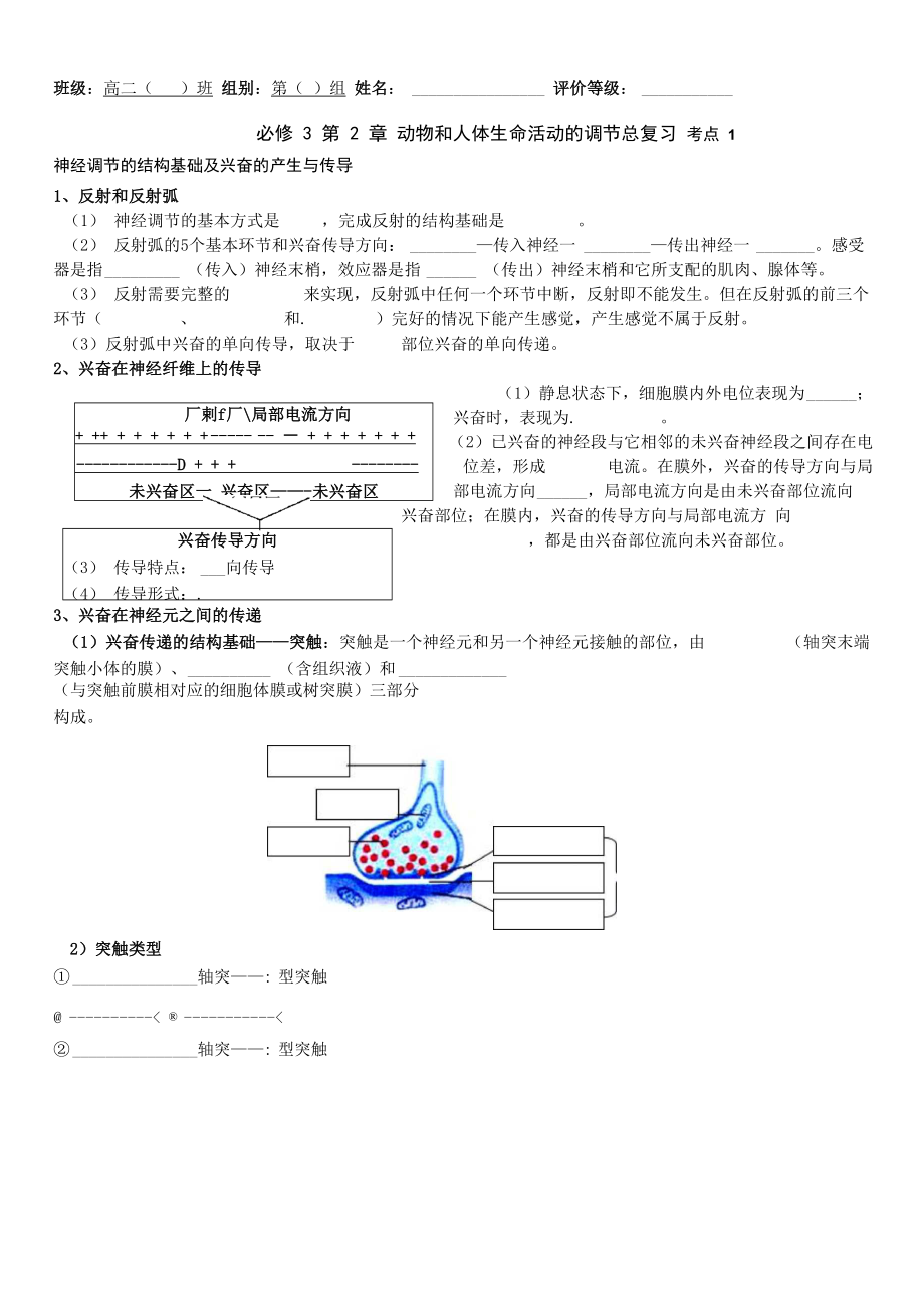 《第2章動物和人體生命活動的調(diào)節(jié)》復(fù)習(xí)案_第1頁