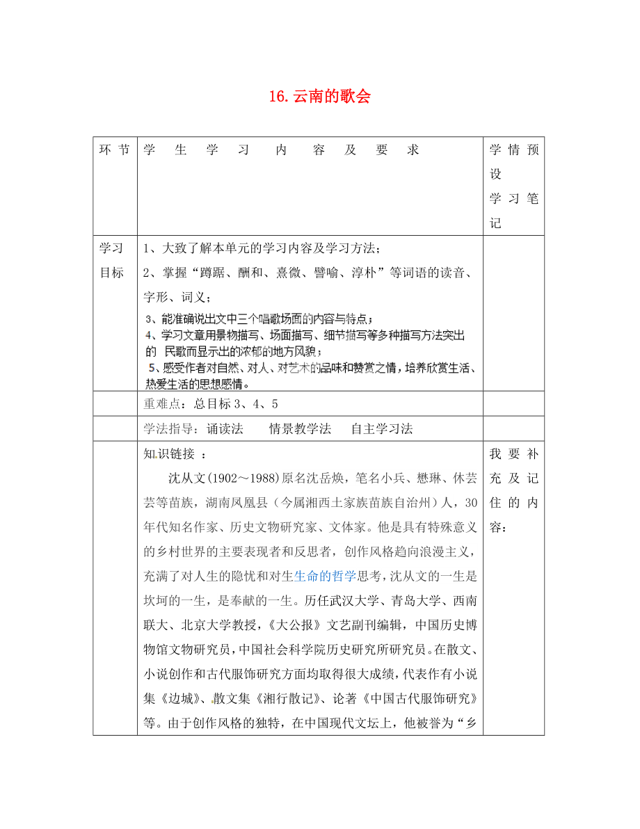 貴州省六盤(pán)水市第十三中學(xué)八年級(jí)語(yǔ)文下冊(cè) 第四單元 第16課 云南的歌會(huì)導(dǎo)學(xué)案（無(wú)答案） 新人教版_第1頁(yè)