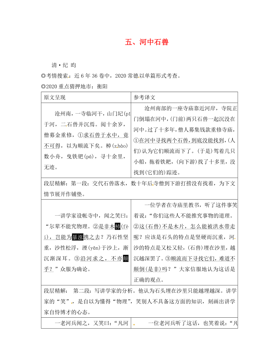 湖南省2020中考语文 第二部分 古诗文阅读 专题一 文言文阅读 五 河中石兽素材 语文版湖南省2020中考语文 第二部分 古诗文阅读 专题一 文言文阅读 五 河中石兽素材 语文版_第1页