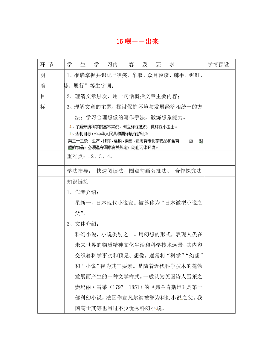 貴州省六盤水市第十三中學(xué)八年級(jí)語(yǔ)文下冊(cè) 第三單元 第15課 喂－－出來(lái)導(dǎo)學(xué)案（無(wú)答案） 新人教版_第1頁(yè)