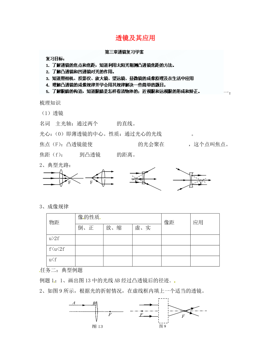 山東省寧陽(yáng)縣第二十五中學(xué)八年級(jí)物理上冊(cè) 第三章 透鏡及其應(yīng)用復(fù)習(xí)學(xué)案（無答案） 新人教版_第1頁(yè)